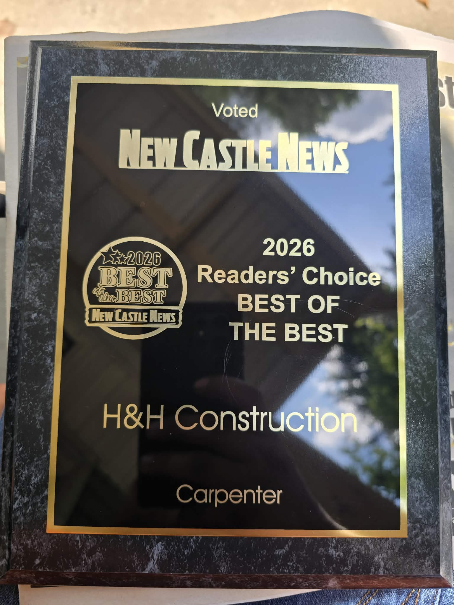 New Castle News 2026 Readers' Choice Best of the Best plaque awarded to H&H Construction