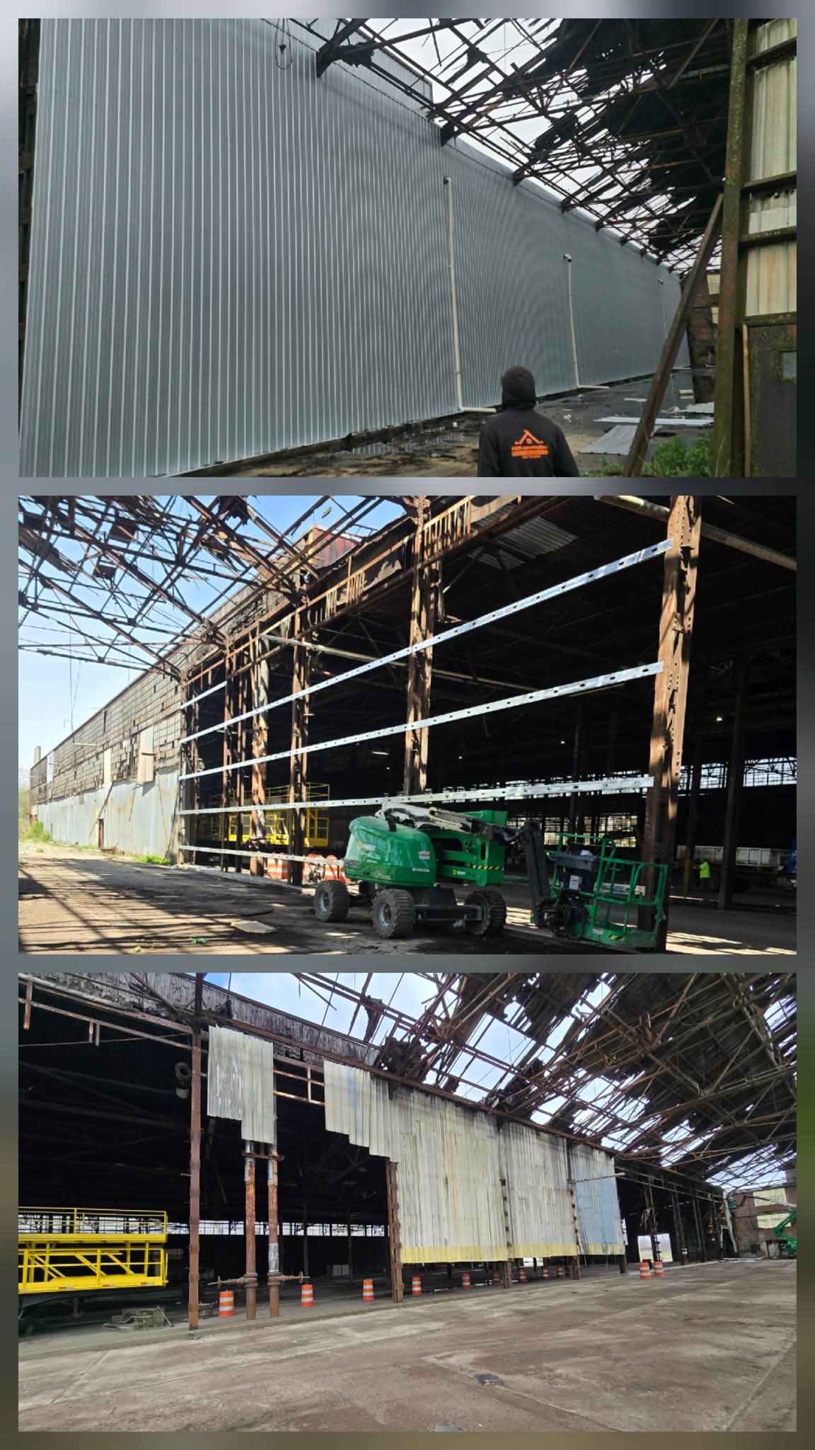 Industrial metal siding installation inside a warehouse